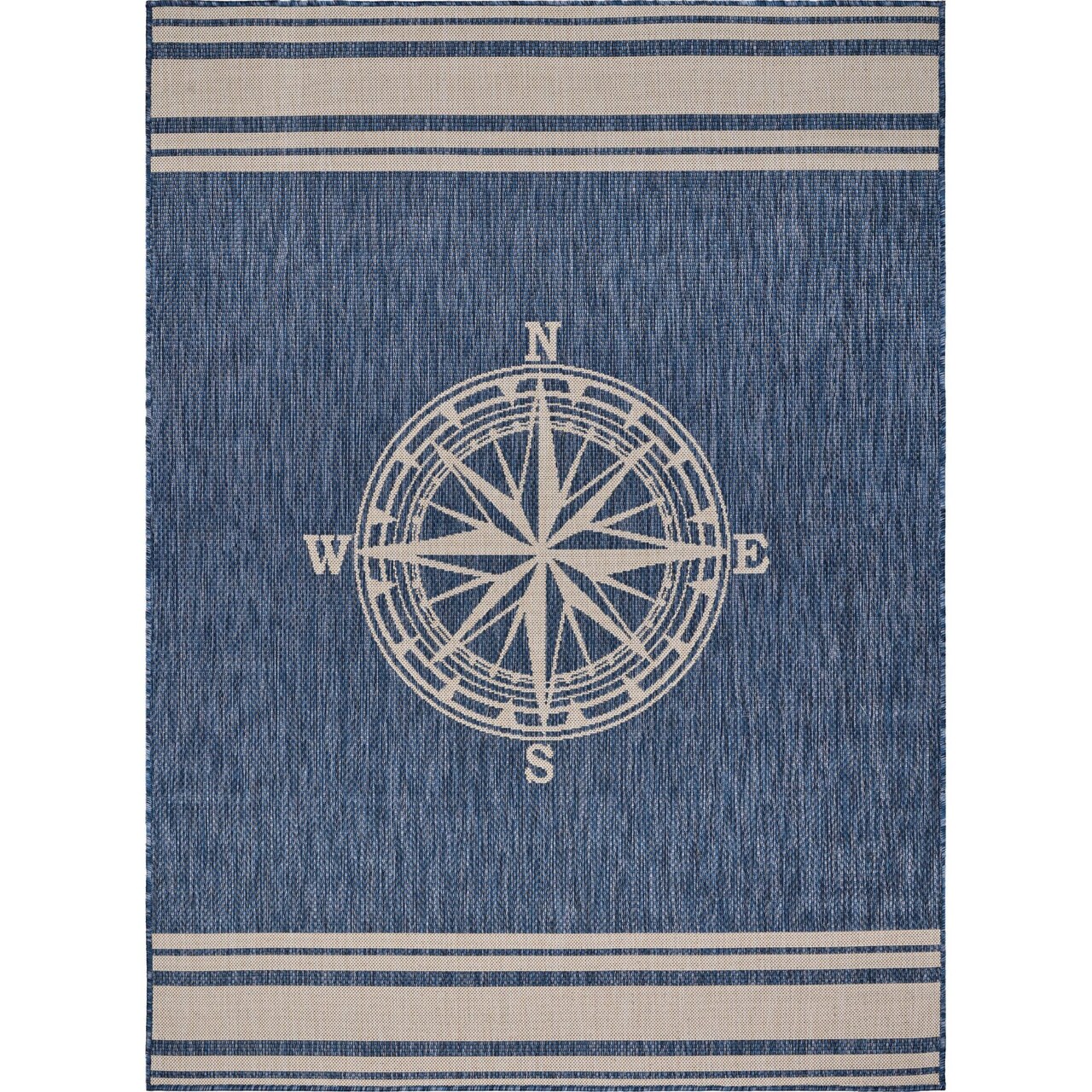 Laddha Home Designs 5.25' x 7' Navy and Beige Nautical Navigation Rectangular Outdoor Area Throw Rug